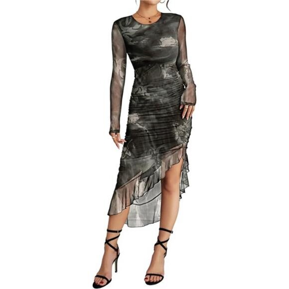 Women's Sexy Mesh Bodycon Dress Black Grey - Picture 1 of 6